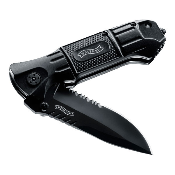 Einhandmesser Walther BTK (Black Tac Knife) mit partiellem Wellenschliff, Glasbrecher & Nylonholster