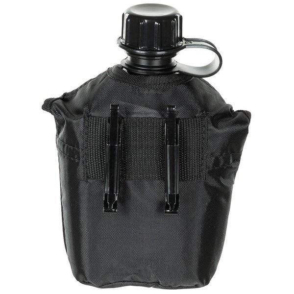 Feldflasche MFH im US Style mit gefütterter Hülle, schwarz - Fassungsvermögen: ca. 1 Liter
